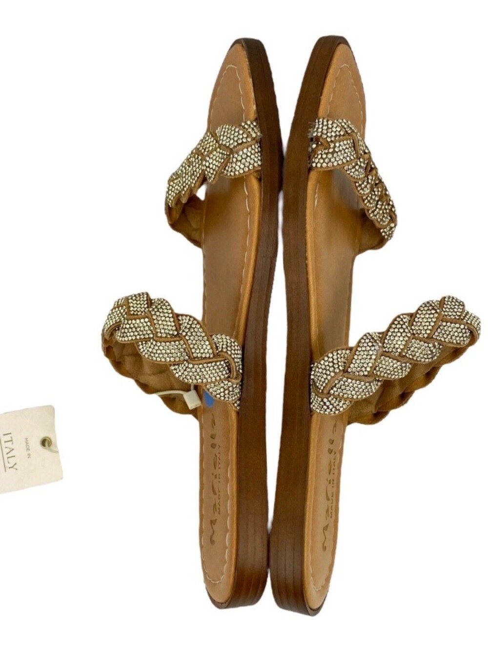 New Mariella Genuine Leather Gold Braided Rhinestone Flat Sandals Size 9.5